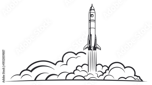 Rocket launching into the sky with clouds and smoke