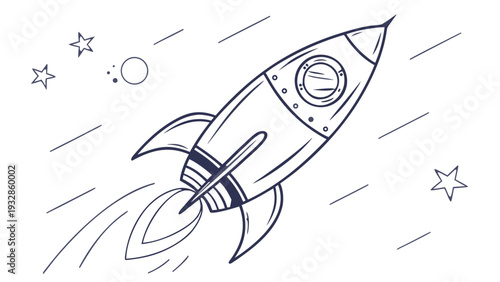 Stunning rocket ship blasting off into starry night sky with motion lines