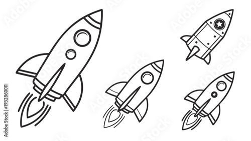 Set of four modern rocket ship illustrations in various styles