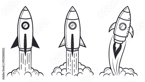 Rockets launching into the sky with smoke trails and clouds