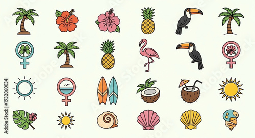 Collection of colorful tropical illustrations featuring various summer elements and icons.