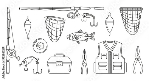 Fishing gear illustration - rod, reel, net, fish, tackle box, vest, pliers, and more.
