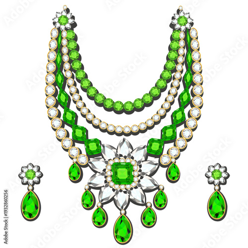 Elegant emerald and diamond jewelry set with necklace and earrings in luxurious style for special occasions