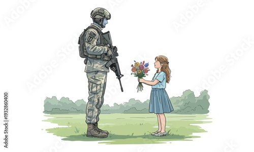 Young girl offers colorful flowers to soldier in camouflage uniform