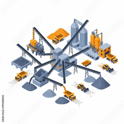 Isometric Mining and Quarrying Complex with Heavy Machinery and Conveyor Belts.