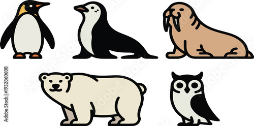Cartoon animals Arctic wildlife illustrations penguin seal walrus polar bear owl