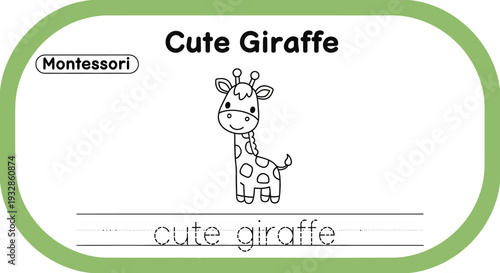 Cute Giraffe Coloring Page for Kids, Montessori Education, Learning to Write