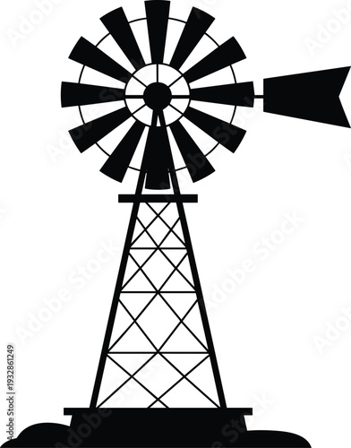 Vintage farm windmill silhouette icon isolated on white background symbol of renewable energy agriculture water pump country ranch lifestyle minimalist vector graphic illustration for design.