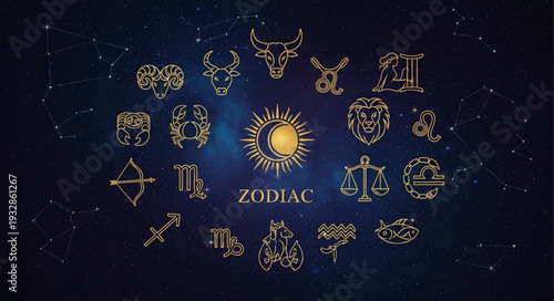 Golden Zodiac Signs Displayed Against a Dark Blue Starry Background.