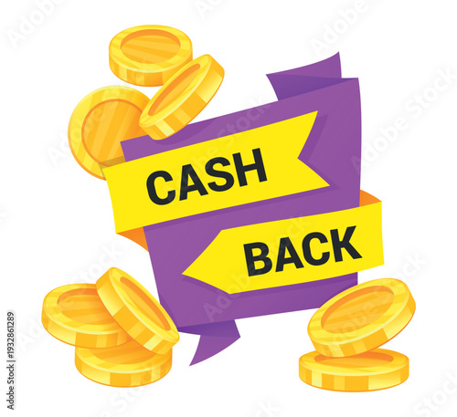 Cash back icon with coins and bright banners showcasing savings on purchases during shopping events or promotions