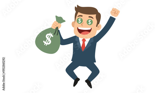 Businessman jumping with money bag and dollar sign eyes