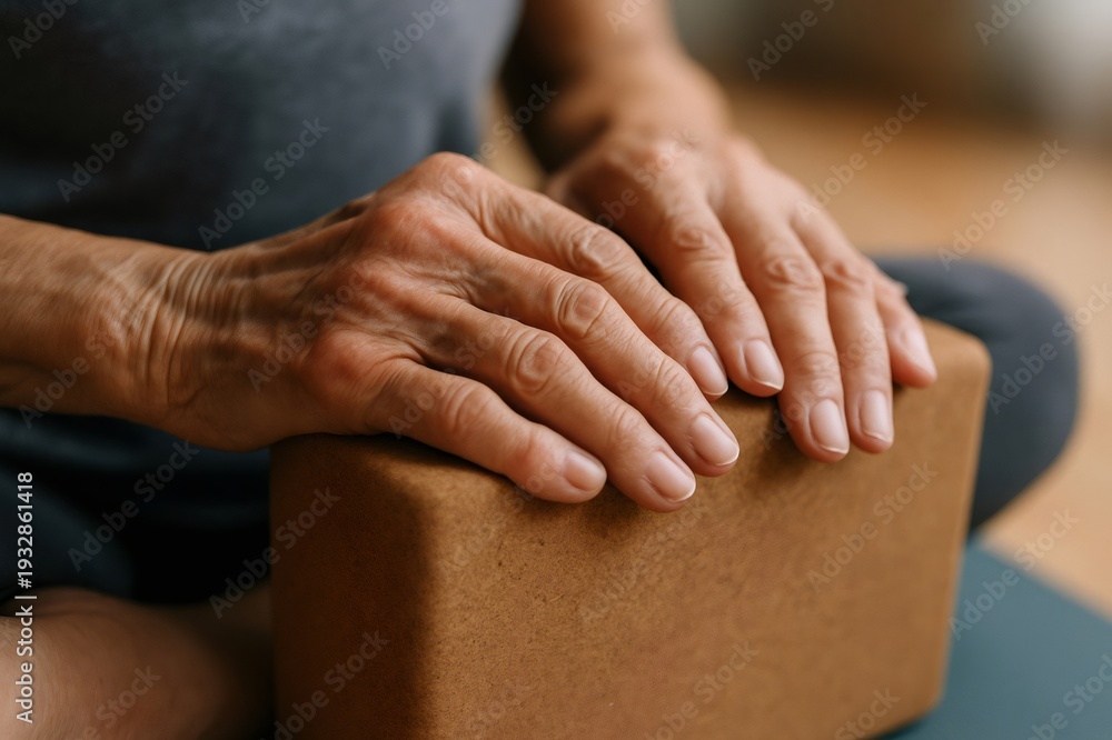 Fototapeta premium Senior person's wrinkled hands finding support and calm on a yoga block, practicing mindfulness and promoting a healthy, balanced lifestyle with gentle exercise