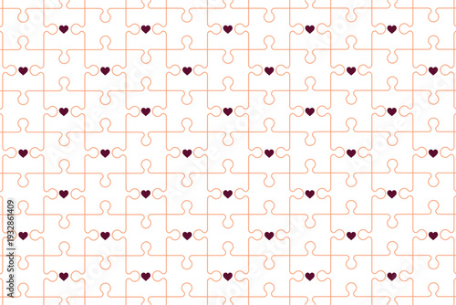 A colorful puzzle pattern with hearts and interlocking pieces on a white background
