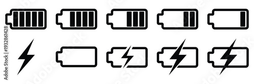 Battery icon set with charging sign. Battery Status and Charging Vector Icons. Power and Battery Level Indicator. Battery Full charge indicator or low charge sign. Vector illustration.