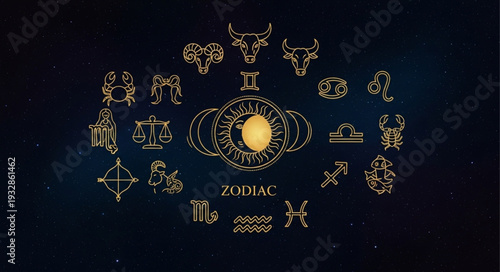 Intricate Zodiac Constellation Depiction Against a Dark Celestial Background.