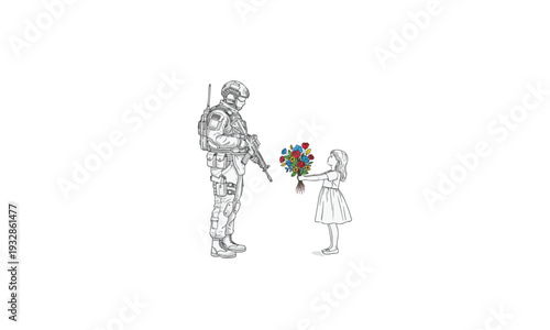 Little Girl Offering Colorful Flowers to Soldier Illustration