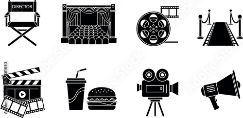 Cinema and Film Production Icon Collection with Director Chair Camera Red Carpet Theater Vector Illustration
