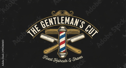Vintage barber shop logo featuring barber pole and tools for grooming.