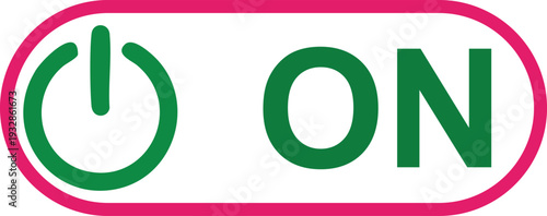 Green power button with pink border and o n text