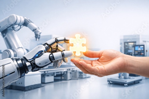 A robot is holding a puzzle piece in its hand