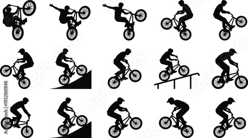 BMX bike rider silhouettes performing freestyle tricks and stunts isolated on white background extreme sport vector illustration set