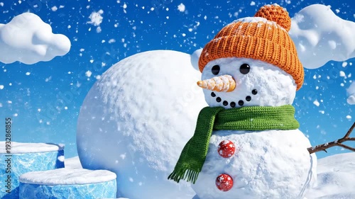 Charming Snowman in Winter Wonderland with Falling Snow and Icy Platforms.