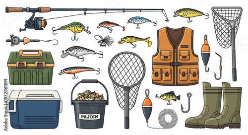 Fishing gear assortment - rods, lures, vest, net, tackle box, and boots for angling.