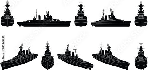 Battleship warship silhouettes collection with naval military vessels isolated on white background black vector illustration set
