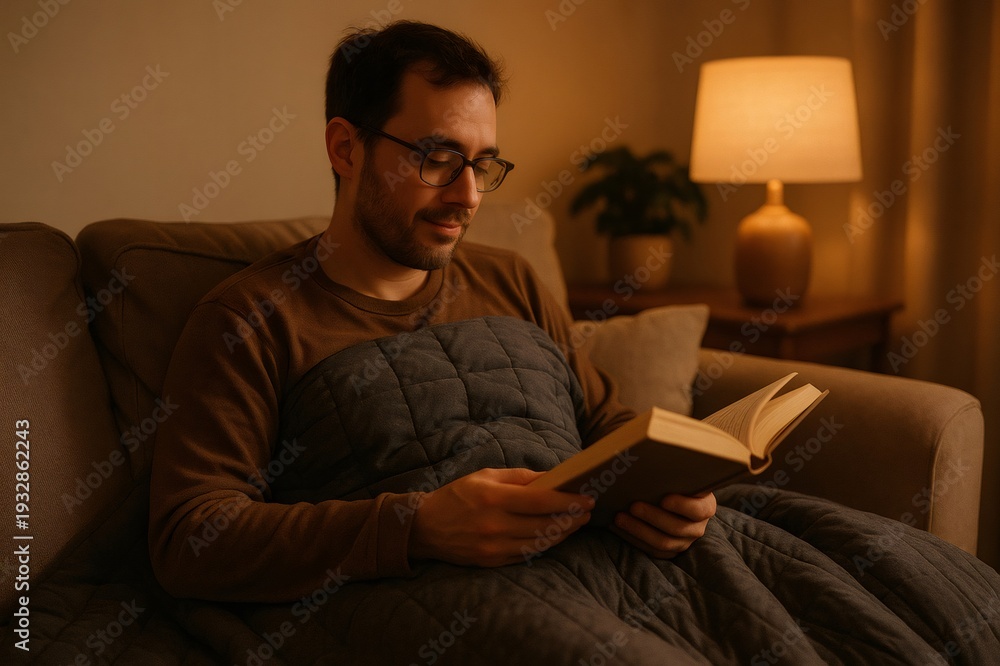 Fototapeta premium Man reading intently on a sofa at home, wrapped in a weighted blanket during a cozy evening, relaxed and thoughtful while enjoying literature and quiet leisure
