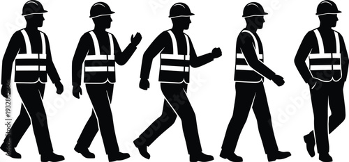 Construction worker walking silhouettes wearing hard hat and safety vest isolated on white background professional vector illustration set