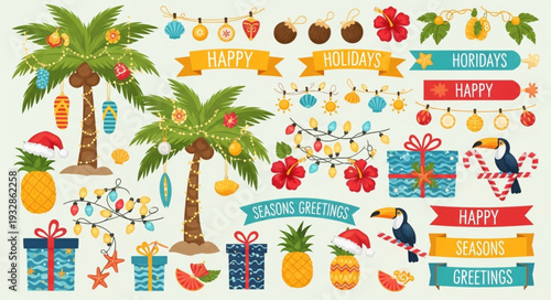Festive tropical Christmas decorations with palm trees and gifts for holiday season.