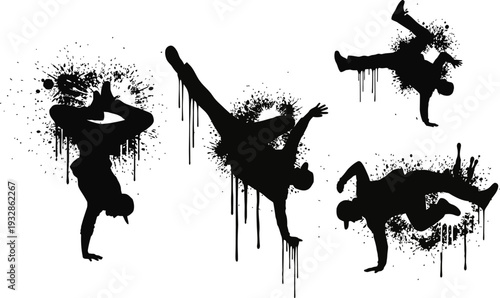 Breakdancing silhouettes in dynamic poses with graffiti effects on white background