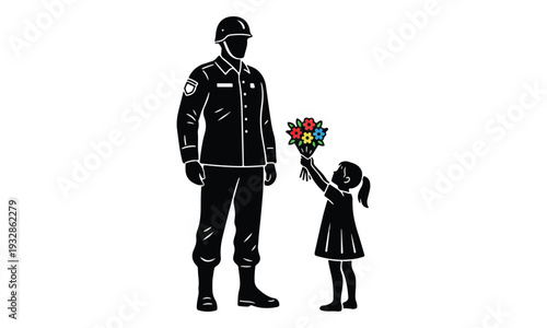 Soldier and Little Girl Presenting Flowers Silhouette Vector
