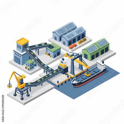 Isometric Port Terminal with Cargo Ship and Conveyor System.