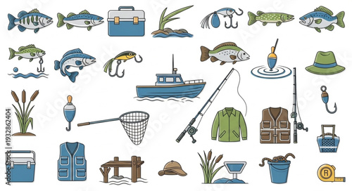 Fishing-themed illustration featuring various fishing equipment and fish species, perfect for angling enthusiasts.
