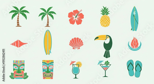 Collection of vibrant tropical elements representing summer and vacation vibes.