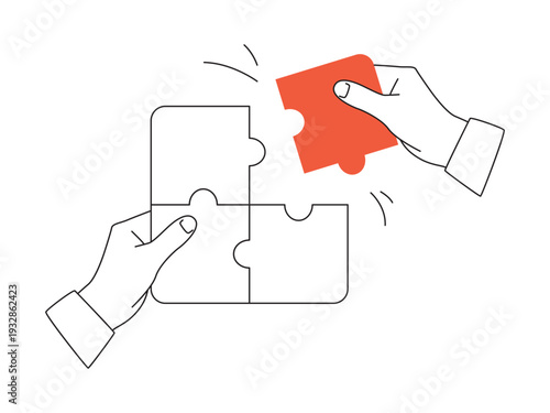 Hands putting together puzzles, outline illustration with a red accent. Vector illustration