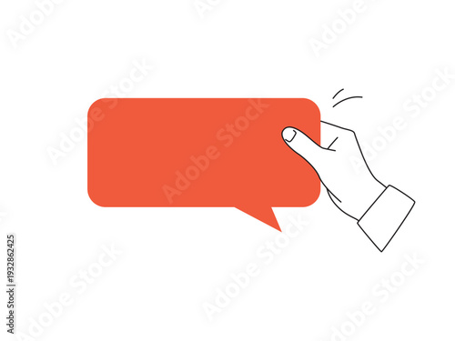 An outline hand holds a red speech bubble with a copy space. Vector illustration isolated on a white background