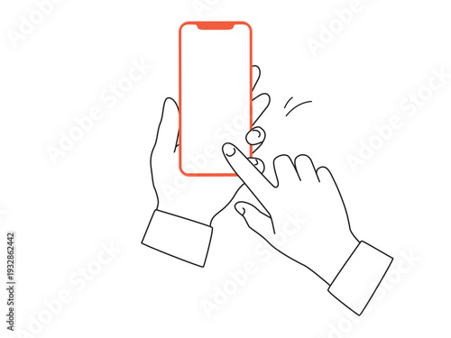 One hand holding a phone with a empty screen and other hand click on screen - outline illustration with red accent. Vector illustration isolated on a white background