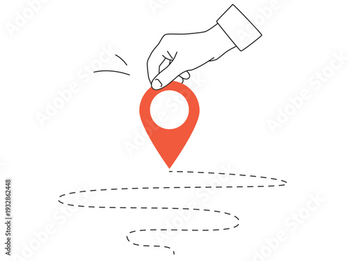 A hand holds a red location pin. Destination sign in an arm. Outline Vector illustration isolated on a white background