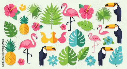 Tropical paradise collection - vibrant flamingos, toucans, and lush foliage elements.