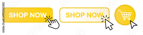 Shop now button icon set. Shop now gradient switch buttons with hand pointer. Buy symbol icons. yellow Order button. Vector illustration.