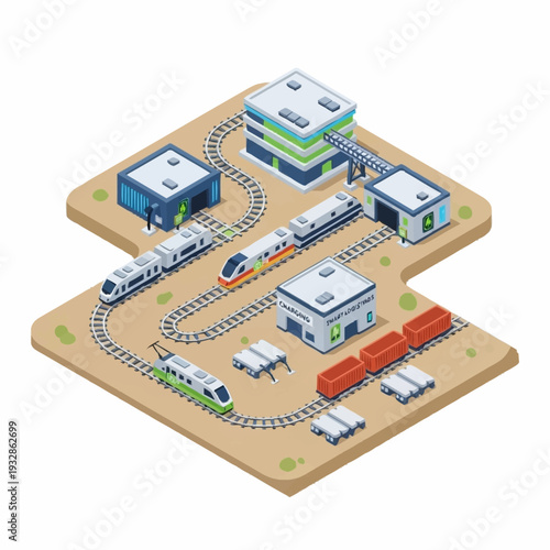 Isometric Train Station and Railway Network with Modern Trains and Buildings.