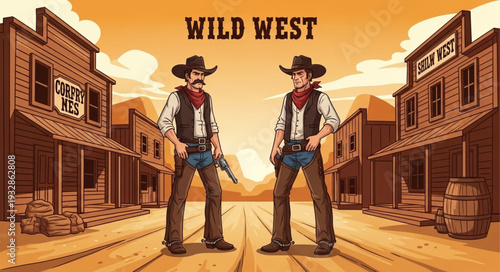 Two cowboys stand ready in the Wild West town, guns drawn, facing forward.
