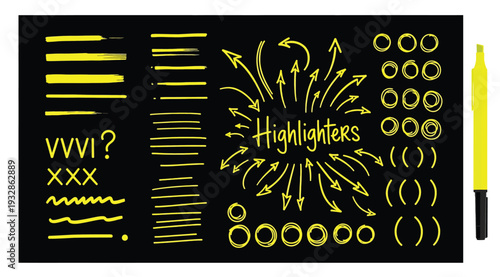 Yellow highlighter pen and various highlighting and drawing symbols on black background for editing and design purposes