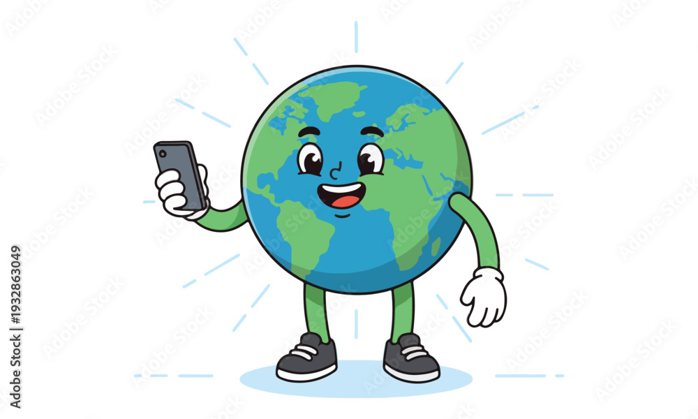 Obraz premium Cartoon Earth Character Holding Smartphone for Global Communication