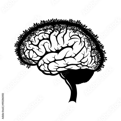 An illustration of a brain with a garden growing on top
