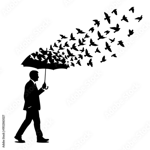 A man in a suit walks with an umbrella releasing birds