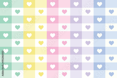 A colorful and vibrant grid pattern featuring pastel hearts and squares in various shades of pink, blue, yellow, and green.
