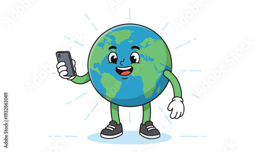 Cartoon Earth Character Holding Smartphone for Global Communication